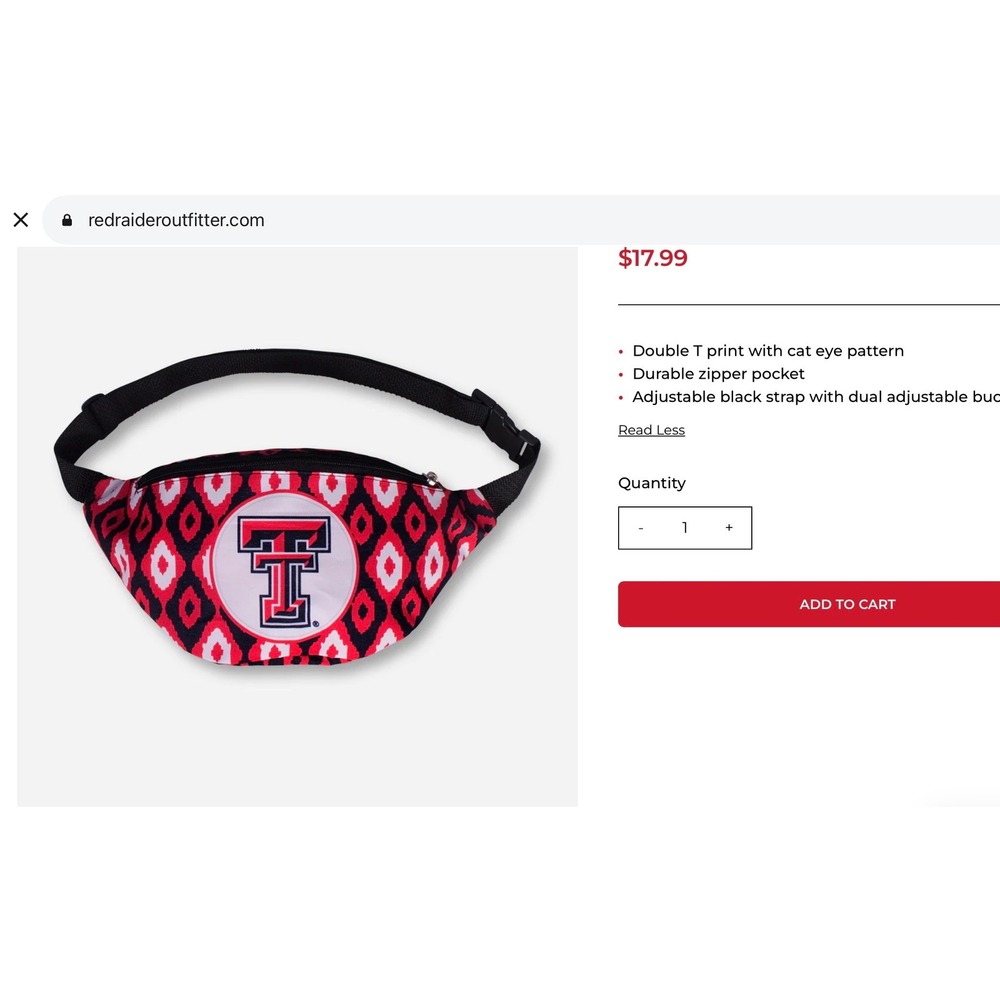Texas Tech Red Raiders Fanny‎ Pack Belt Bag Double T Logo Adjustable Black Strap